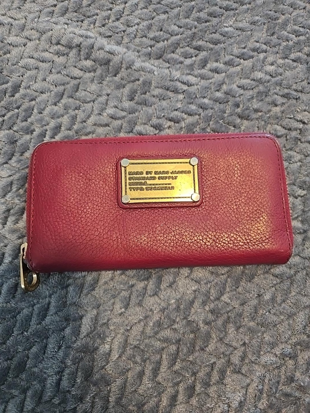 Marc Jacobs Raspberry Red Leather Zip-Around Wallet with Gold Plaque